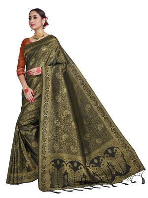 Black woven art silk saree with blouse 2