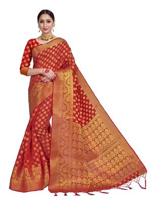 Red woven art silk saree with blouse 1