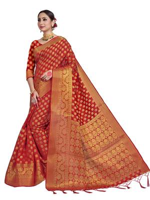 Red woven art silk saree with blouse 2