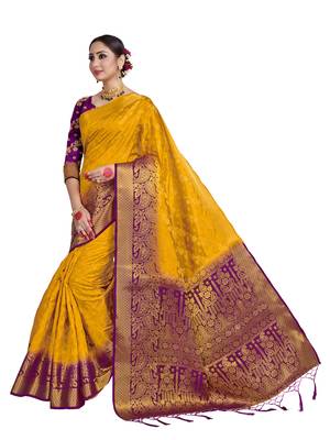 Gold woven art silk saree with blouse 2