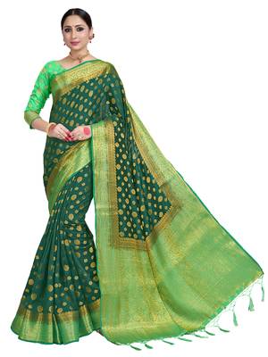Dark green woven art silk saree with blouse 1