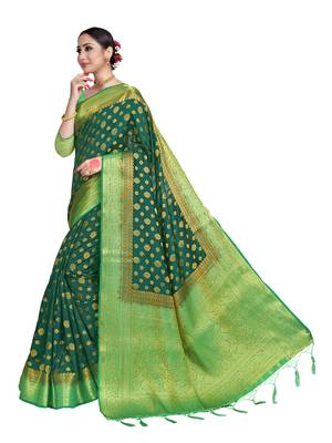 Dark green woven art silk saree with blouse 2