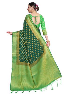 Dark green woven art silk saree with blouse 3