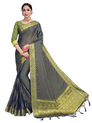 Navy blue woven chiffon saree with blouse 1