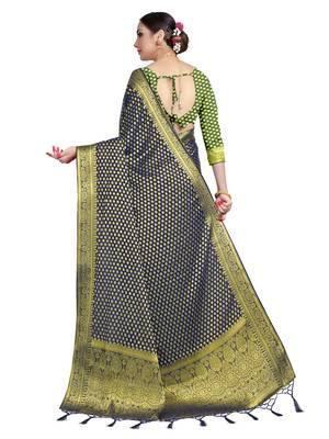 Navy blue woven chiffon saree with blouse 3