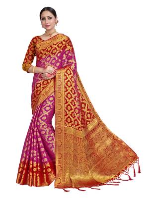 Pink woven chiffon saree with blouse 1