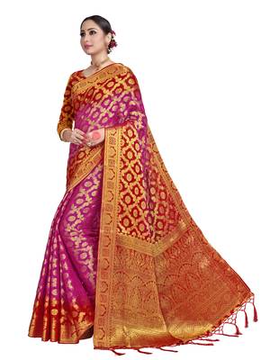 Pink woven chiffon saree with blouse 2