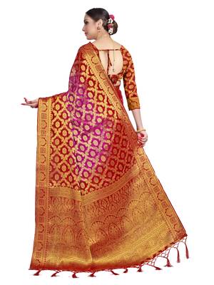 Pink woven chiffon saree with blouse 3