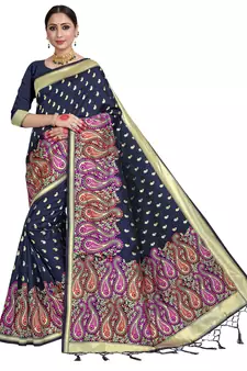 Navy blue woven art silk saree with blouse