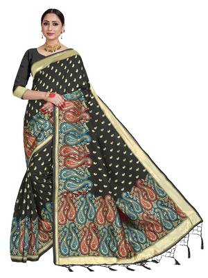 Black woven art silk saree with blouse 1
