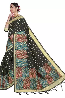 Black woven art silk saree with blouse
