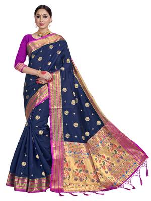 Navy blue woven art silk saree with blouse 1