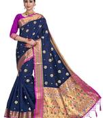Navy blue woven art silk saree with blouse
