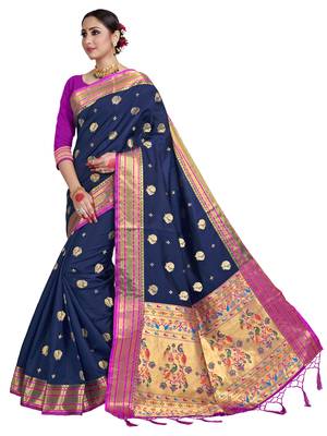 Navy blue woven art silk saree with blouse 2