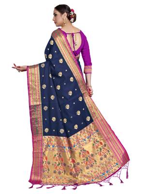 Navy blue woven art silk saree with blouse 3
