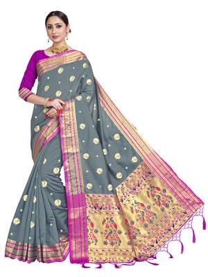 Grey woven art silk saree with blouse 1