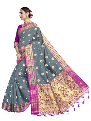 Grey woven art silk saree with blouse 2