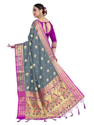 Grey woven art silk saree with blouse 3
