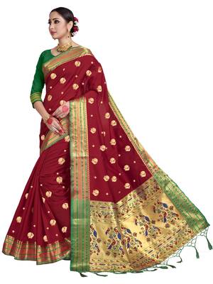 Red woven art silk saree with blouse 2