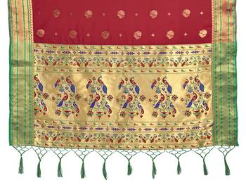Red woven art silk saree with blouse 4