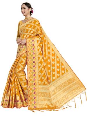 Yellow woven art silk saree with blouse 2