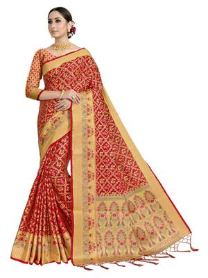 Red woven art silk saree with blouse 2