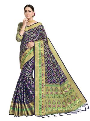 Navy blue woven art silk saree with blouse 1