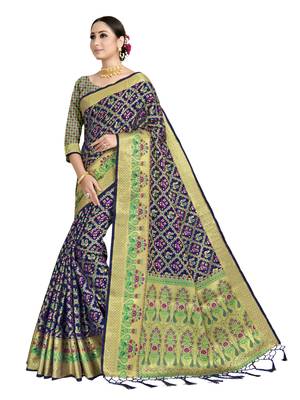 Navy blue woven art silk saree with blouse 2