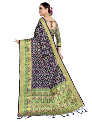 Navy blue woven art silk saree with blouse 3