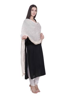 Kaustuki Off White Pure Cotton Tasselled Stole Dupatta 3