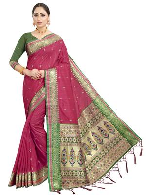 Pink woven art silk saree with blouse 1