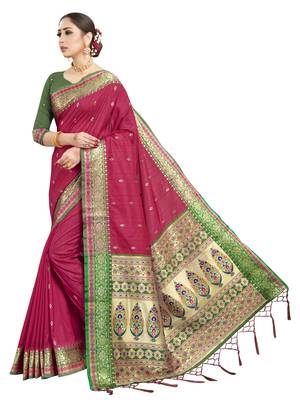 Pink woven art silk saree with blouse 2