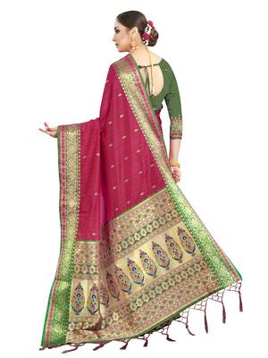 Pink woven art silk saree with blouse 3