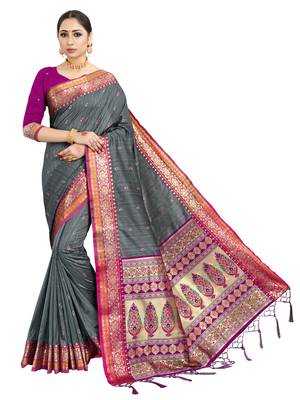 Grey woven art silk saree with blouse 1
