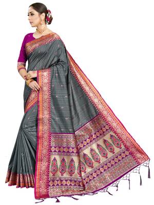 Grey woven art silk saree with blouse 2