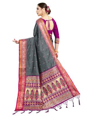 Grey woven art silk saree with blouse 3