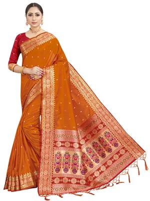 Orange woven art silk saree with blouse 1