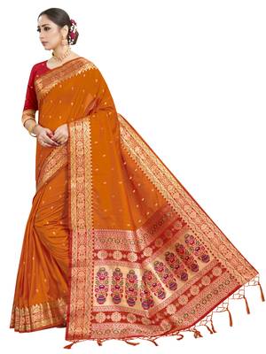 Orange woven art silk saree with blouse 2