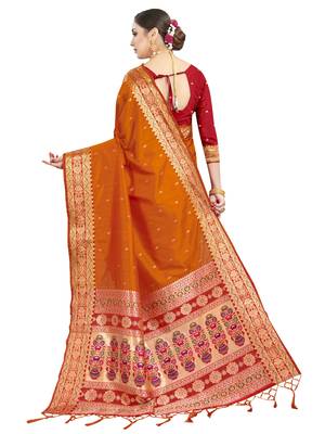Orange woven art silk saree with blouse 3