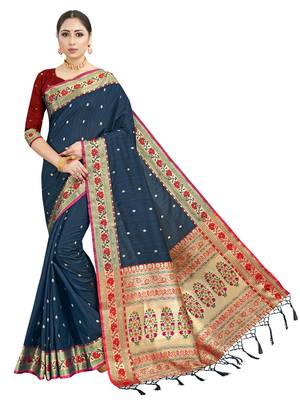 Navy blue woven art silk saree with blouse 1