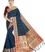 Navy blue woven art silk saree with blouse