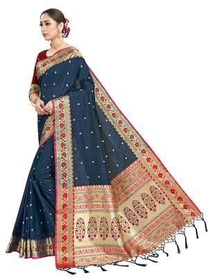 Navy blue woven art silk saree with blouse 2
