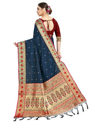 Navy blue woven art silk saree with blouse 3