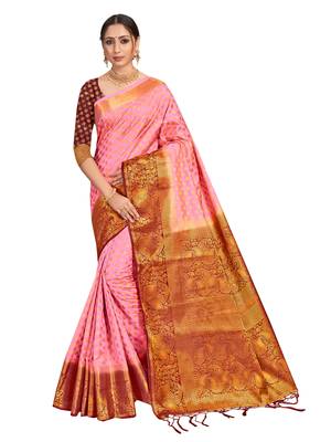 Pink woven art silk saree with blouse 1
