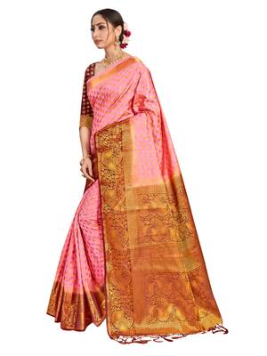 Pink woven art silk saree with blouse 2