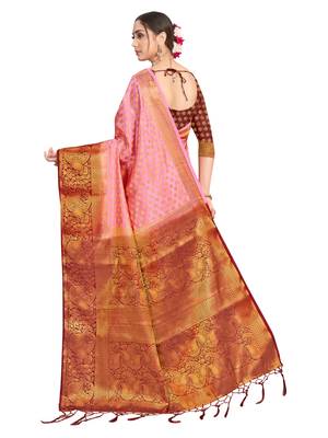 Pink woven art silk saree with blouse 3
