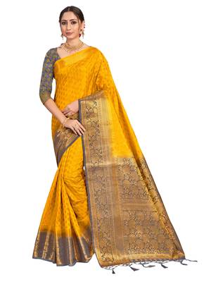 Yellow woven art silk saree with blouse 1