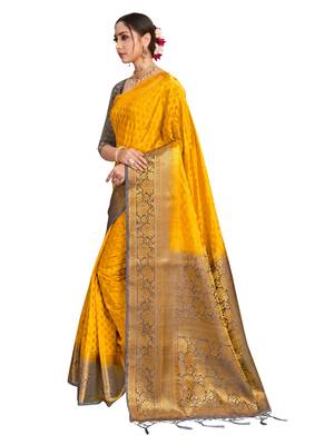 Yellow woven art silk saree with blouse 2