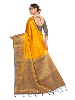 Yellow woven art silk saree with blouse 3