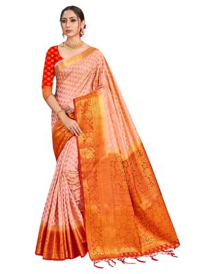 Pink woven art silk saree with blouse 1